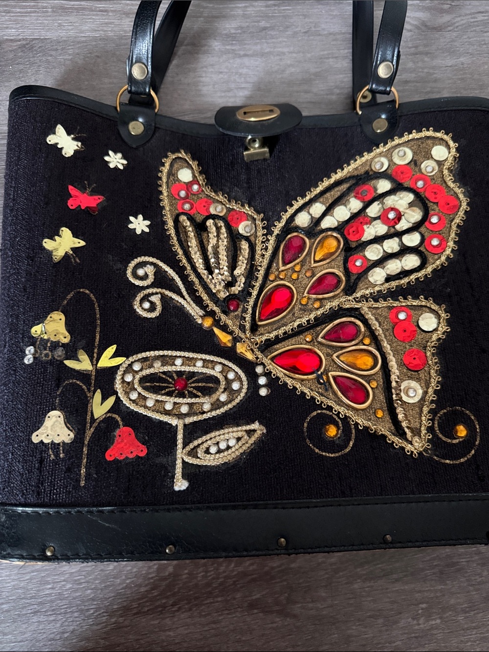 Vintage Black Butterfly Embellished Tote Bag - Picture 9 of 9